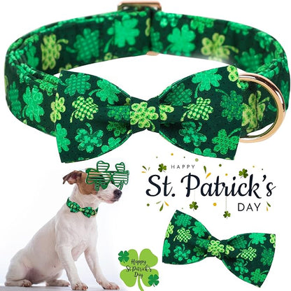 ARING PET St. Patrick's Day Dog Collar with Bow, Cute Adjustable Plaid Clovers Bowtie Pet Collars with Metal Buckle for Puppy Small Medium Large Boy Girl Dogs-L