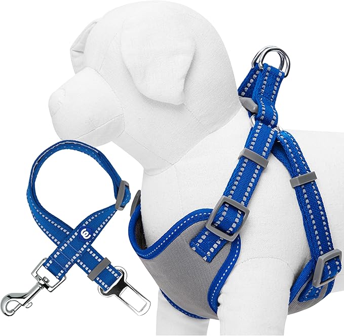Blueberry Pet Pastel Colored Reflective Dog Harness with Seatbelt Clip – Adjustable No-Pull Pet Vest for Walking and Car Safety, Medium Size in Navy Blue