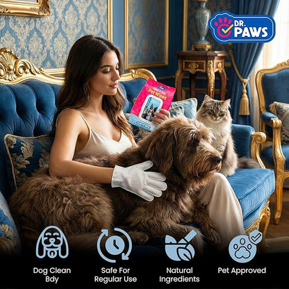 Dr. Paws Glove & Go Grooming Wipes for Dogs & Cats - Paraben Free, Alcohol Free, Lick-Safe, Hypoallergenic, Oatmeal Scented Dog Wipes for Paws and Butt, Puppy Wipes (20 Count)