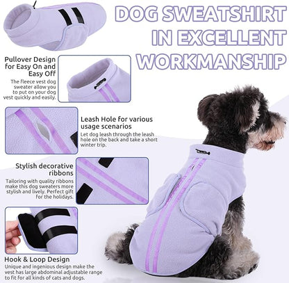 Queenmore Small Dog Sweater, Soft Fleece Vest Pullover Dog Jacket with Leash Hole, Warm Winter Dogs Clothes Cold Weather Doggy Dachshund Sweaters for Small Doggy Cats Boy or Girl (Lilac, S)