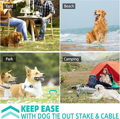 Snagle Paw Dog Tie Out Stake and Run Cable, 10FT Long Lead with Yard Stake, Chains for Outside, Leash Camping & Beach, Tether Medium Large Dogs, Ice Blue