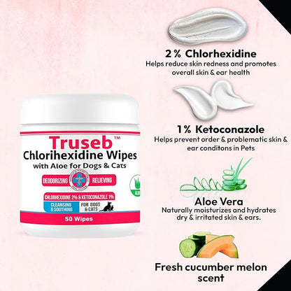 Pet Health Pharma Truseb Topical Ketoconazole and Chlorhexidine Wipes for Dogs, Cats and Horses - with Aloe for Cleansing - 50 Count (Ketoconazole & Chlorhexidine Wipes, 50 Count)