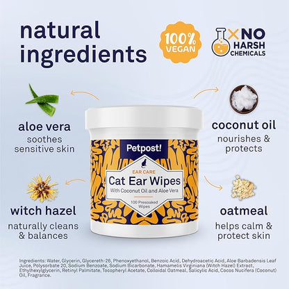 Petpost | Cat Ear Cleaner Wipes - Ultra Soft Cotton Pads in Coconut Oil Solution - Treatment for Removing Cat Ear Dirt & Wax 100 ct.