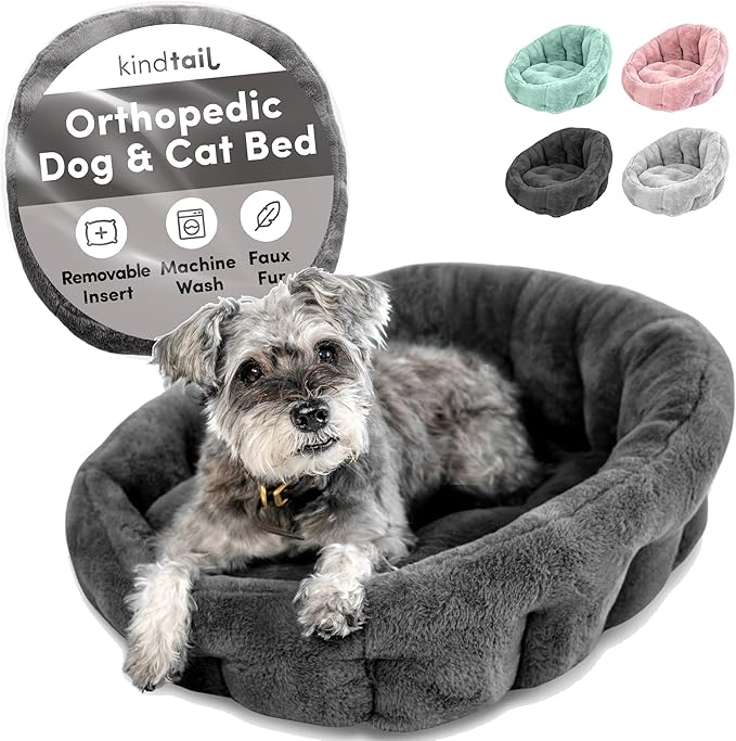 KindTail Medium Orthopedic Dog and Cat Bed - Faux Fur Luxury Cuddler for Pets Under 25lbs, Comfortable Waterproof Material with Nylon Base - 25" x 21" x 12" (Dark Grey, Medium)