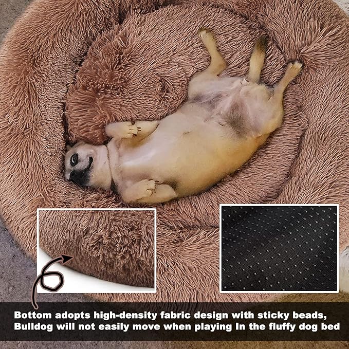 Calming Dog Bed for Medium Dogs Washable Donut 30 inches Anti-Slip Pet Bed,Round Fluffy Plush Faux Fur Cat Bed,Fits up to 45 lbs Pets,Camel