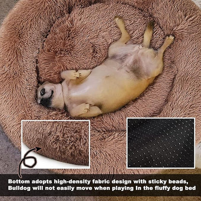 Calming Dog Bed for Medium Dogs Washable Donut 30 inches Anti-Slip Pet Bed,Round Fluffy Plush Faux Fur Cat Bed,Fits up to 45 lbs Pets,Camel