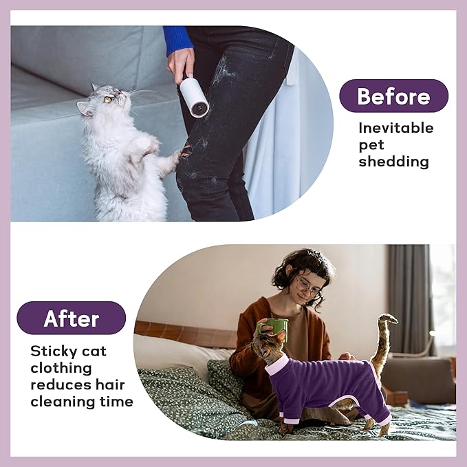 PUMYPOREITY Cat Recovery Suit, Stops Wound Licking After Surgery, Sticky Hair Shirt with Sticky Fabric, Cat Pajamas Prevents Over-Grooming, Purple, S