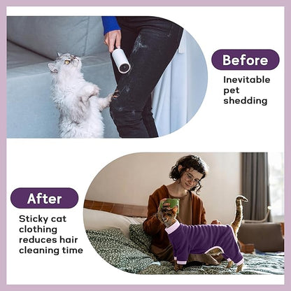 PUMYPOREITY Cat Recovery Suit, Stops Wound Licking After Surgery, Sticky Hair Shirt with Sticky Fabric, Cat Pajamas Prevents Over-Grooming, Purple, XS