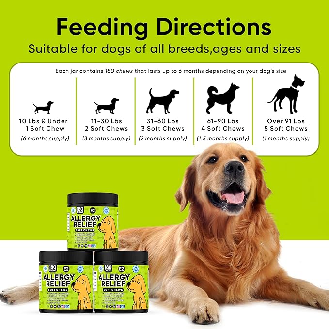 Dog Allergy Relief Chews – Anti Itch for Dogs with Colostrum & Salmon Oil – Reduces Paw Licking & Hot Spots – Omega 3 Fish Oil - Dry Skin & Coat Supplement for a Happy, Healthy Pup - 180 Count