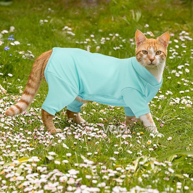 Yternal Sticky Hair Cat Clothes, Breathable & Lightweight, Reduces Shedding Fur Pajamas, Full Body Long Sleeve Surgical Bodysuit, Stop Licking & Shedding Blue XS