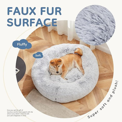 DUMOS 30.7x30.7 Inch Calming Donut Dog Beds for Large Dogs, Machine Washable Cuddler Warming Cozy Fluffy Faux Fur Plush Round Pet Bed Medium Sized Bed for Indoor Dogs and Cats, Grey