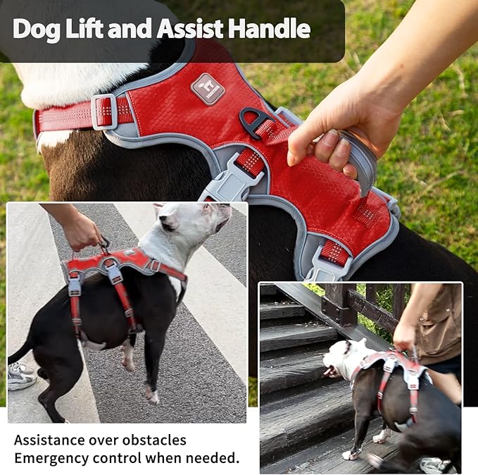Huntboo Escape Proof Dog Harness, Escape Artist Harness, Reflective Harness with Padded Handle, Breathable, Durable, Adjustable Vest for Medium Dogs Walking, Training, and Running Gear (Red, L)
