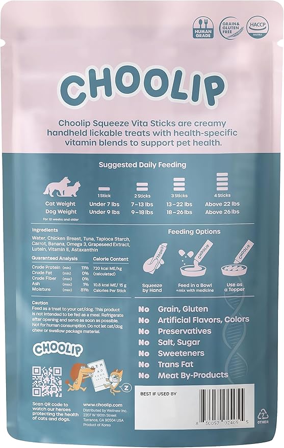 Choolip Squeeze Vita Stick Lickable Cat and Dog Treats, 7-Count Eye Support, Chicken and Tuna with Lutein, Grapeseed Extract and Vitamin E, Vet-Formulated