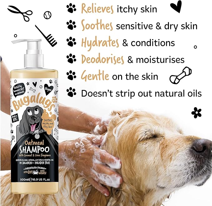 BUGALUGS Oatmeal & Aloe Vera Dog Shampoo Dog Grooming Shampoo Products for Smelly Dogs with Fragrance, Oatmeal Puppy Shampoo, Professional Vegan pet Shampoo & Conditioner