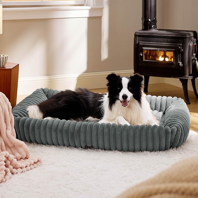 Bedsure ComfyFleece Cute Dog Bed for Extra Large Dogs - Washable Furry Puppy Beds, Rectangle Orthopedic XL Pet Beds with Removable Zipper Cover, 43x30x8inches, Warm Grey