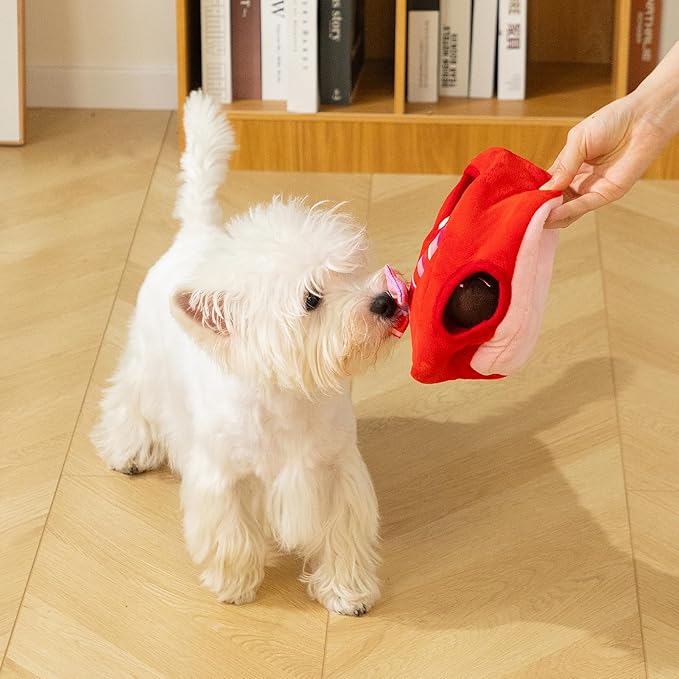 Hollypet Squeaky Dog Toy, Interactive Plush Hide and Seek Dog Toys for Small Medium Sized Dogs and Non-Aggressive Chewers, Puppy Teeth Clean Chew Toys, Valentine's Day Chocolate