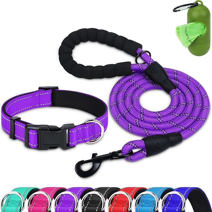 Dynmeow Reflective Dog Collar and Leash Set, 6FT Strong Climbing Rope Leash with Padded Handle, Adjustable Pet Collar with Soft Neoprene Padding for Small Medium Dogs, Purple, S