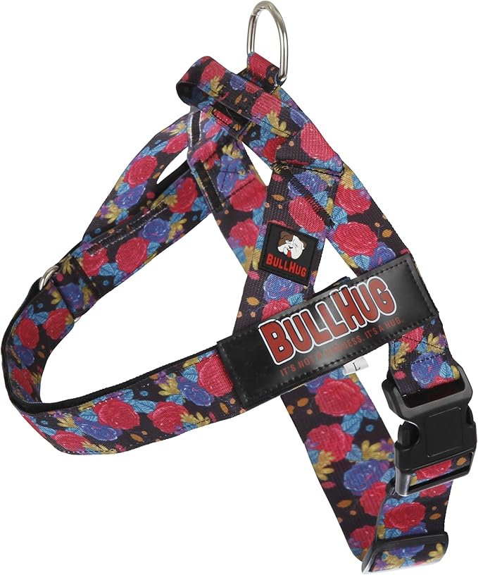 BULLHUG Adjustable Dog Harness– No Pull, No Choke – for English Bulldogs, French Bulldogs, Pugs & Broad-Chested Breeds – Easy, Safe Walks (Black Floral, Medium)