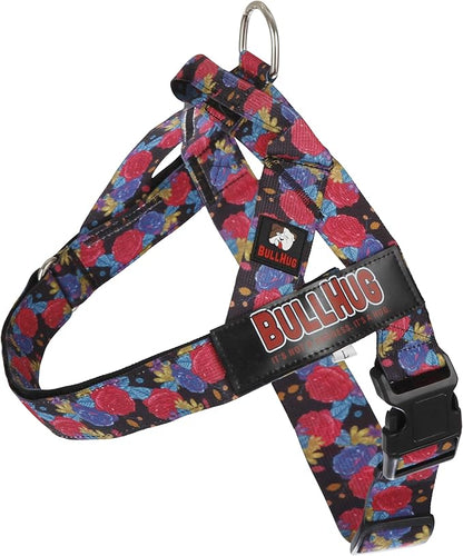 BULLHUG Adjustable Dog Harness– No Pull, No Choke – for English Bulldogs, French Bulldogs, Pugs & Broad-Chested Breeds – Easy, Safe Walks (Black Floral, Medium)