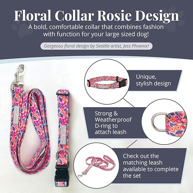 Lucky Love Dog - Adjustable Dog Collar with Easy Click Buckle for Large Ones, Durable, & Comfortable for Male & Female Dogs, Pet Collar for Puppies & Adult Dogs - Rosie, Large