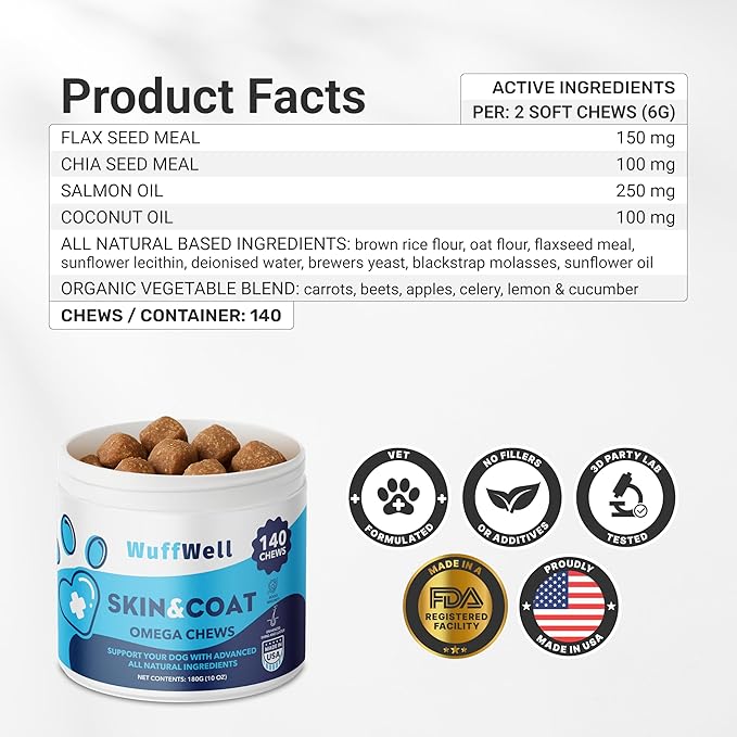 WuffWell Omega 3 Fish Oil for Dogs Chews – Skin and Coat Supplement with Salmon Oil for Dogs – Allergy & Itch Relief, Dog Shedding and Dry Skin Support – Vet Approved – Made in USA – 140 Soft Chews
