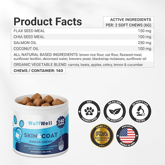 WuffWell Omega 3 Fish Oil for Dogs Chews – Skin and Coat Supplement with Salmon Oil for Dogs – Allergy & Itch Relief, Dog Shedding and Dry Skin Support – Vet Approved – Made in USA – 140 Soft Chews