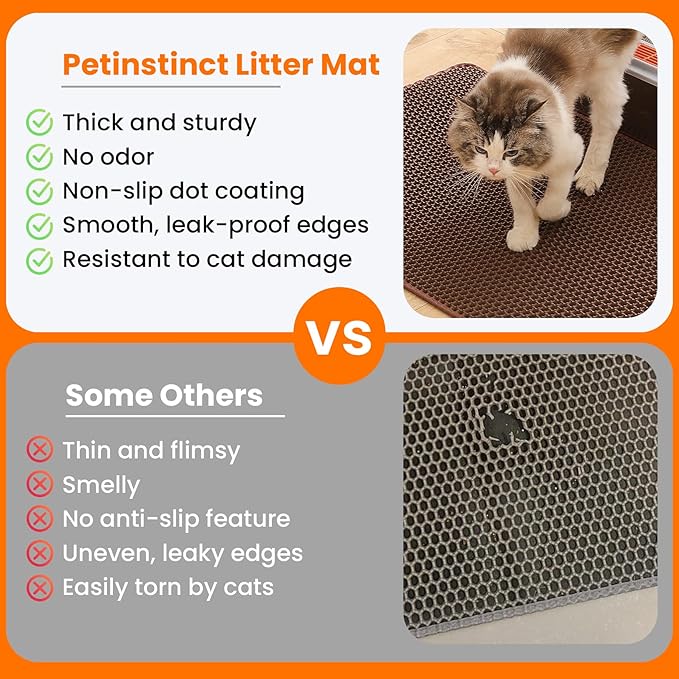 Petinstinct Cat Litter Mat, 24x18 Inches Large Double Layer Honeycomb Cat Litter Trapping Mat, Non Slip Waterproof Urine Proof Cat Litter Box Mat for Floor, Kitty Litter Rug, Cat Supplies, Brown