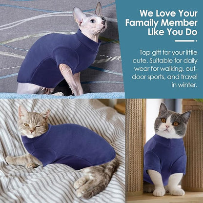 SUNFURA Turtleneck Sweater for Cat, Sphynx Cats Shirt Hairless Cat Sweaters with Sleeves, Warm and Soft Kitten Pullover Fleece Winter Pajamas Jumpsuit for Puppy Cats, Navy S