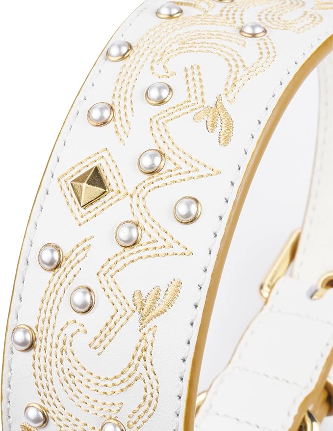 Blueberry Pet Western Genuine Leather Dog Collar for Medium Breeds, Pearl White - Floral Embroidery, Pearl Studs, Adjustable 15-18 Inch Neck, Dog Collars for Medium Dogs