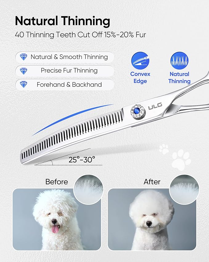 ULG Dog Grooming Scissors 40-Tooth 7.0” Curved Thinning Scissors Seamless 15%-20% Thinning Rate 440C Japanese Stainless Steel Tension Adjustable Left & Right Handed Pet Grooming Shears