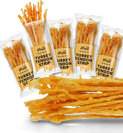 iPaw Turkey Tendons for Dogs, 100% Turkey and US Sourced Raw Material, Hypoallergenic, All Natural Human Grade Puppy Chew, Rawhide Alternative Dog Treats, 5 Unit/Pack Strip
