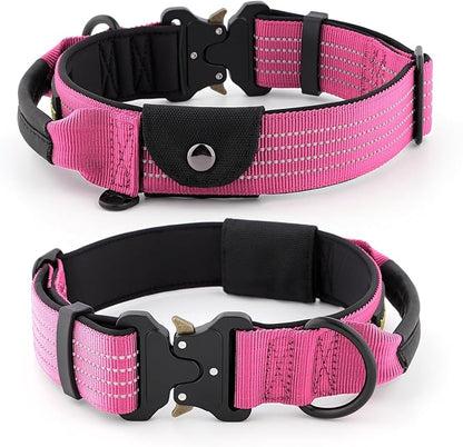 Plutus Pet Tactical Dog Collar with Tracker Pocket for AirTag, Adjustable Reflective Nylon Collar, Metal Buckle, Leather-Wrapped Handle, Soft Padded for Medium Large Dogs (Pink, S)