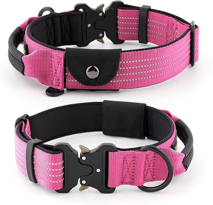 Plutus Pet Tactical Dog Collar with Tracker Pocket for AirTag, Adjustable Reflective Nylon Collar, Metal Buckle, Leather-Wrapped Handle, Soft Padded for Medium Large Dogs (Pink, L)