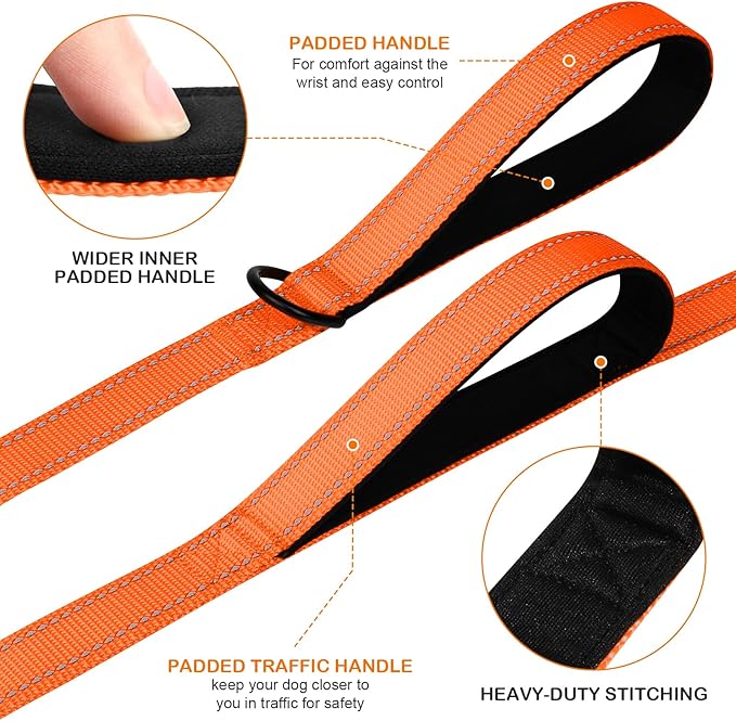 Joytale Dog Leash Heavy Duty for Large Dogs That Pull, Double Handle for Traffic Control, Double-Sided Reflective Leashes for Large Medium Dogs Night Safety, 4FT, Orange