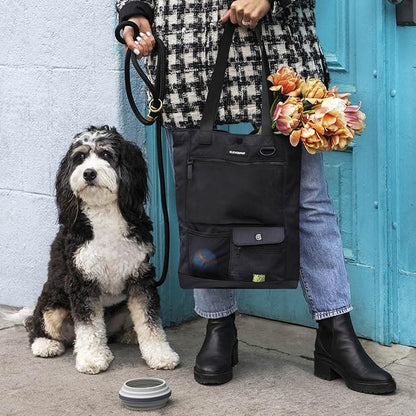 Cleverpup Park Pack 2-Piece Set Dog Gear Tote – Dog Travel Bag with 8 Pockets, Treat Pouch, Poop Bag Dispenser, Quick-Dry Ball Pocket, Collapsible Bowl, Perfect for Walks & Park Trips, Graphite