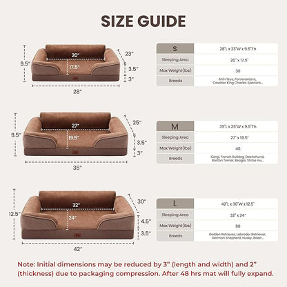 Warmrest Orthopedic Dog Beds for Large Sized Dogs, Waterproof Egg-Crate Foam Pet Couch Bed with Soft Sides, Non-Slip Dog Sofa with Flannel Removable Washable Cover, 35" L Supportive Pet Sofa, Brown