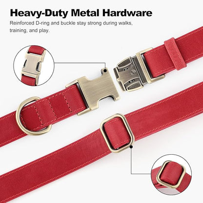 Plutus Pet Genuine Leather Dog Collar – Adjustable Pet Collar with Quick Release Metal Buckle, Soft Real Leather for Small Medium Large Dogs, Heavy Duty & Skin-Friendly (Red, M)