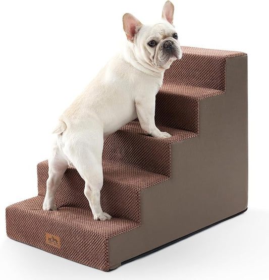 COZY KISS Dog Stairs for Small Dogs 5-Step, 19.7" Extra Wide Right-Angle Pet Stairs for Couch and Beds, Anti-Slip Dog Steps for Old Cats and Lowrider, 19.7x29.5x23.6 inch, Brown