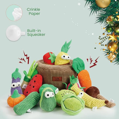 Nocciola Squeaky Fruits Veggies Stuffed Dog Toys Pack- Hide Seek Grocery Basket Crinkle Plush Puppy Toys to Keep Busy, Birthday Pet Supplies Gifts for Small Medium Breeds