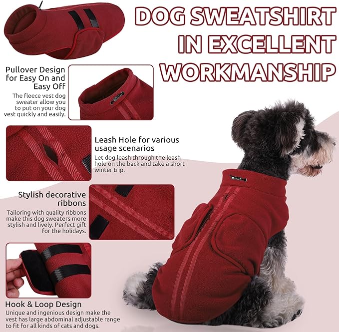 Queenmore XL Dog Sweater, Soft Fleece Vest Pullover Dog Jacket with Leash Hole, Warm Winter Dogs Clothes Cold Weather Doggy Dachshund Sweaters for Large Dogs Cats Boy or Girl (Burgundy, XL)