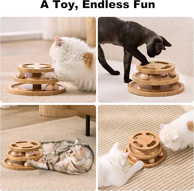 ZOMISIA Cat Ball Track Toy with Puzzle Top and DIY Bell, Wooden Cat Toys for Indoor Cats, Interactive Kitty Ball Tower for Kitten Exercise Mental Physical