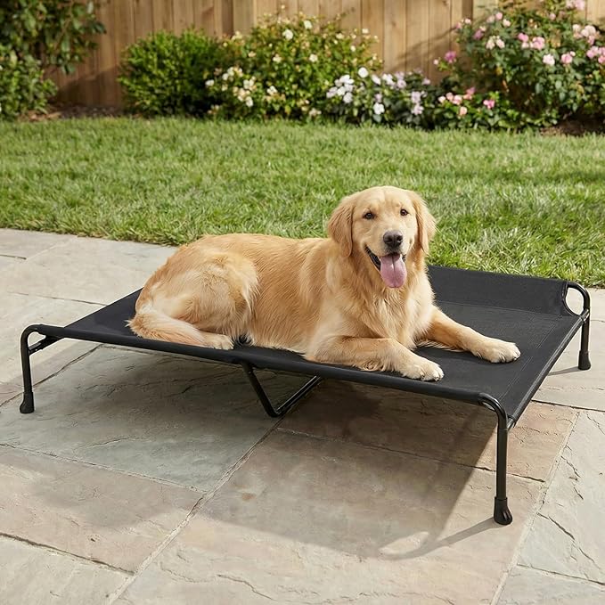 Veehoo Outdoor Elevated Dog Bed, 53" XXL Raised Dog Bed with Headrest Sides, Washable Cooling Dog Cot with Non-Skid Feet, Breathable Mesh, Portable Pet Hammock for Indoor or Camping, Black