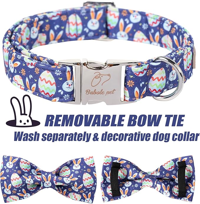 Easter Dog Collar with Bow Tie- Adjustable Easter Bunny Eggs Dog Collar Cute Rabbit Bowtie Metal Buckle Puppy Collars for Small Medium Large Dogs XL