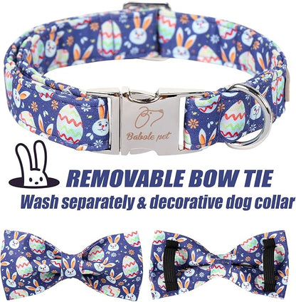 Easter Dog Collar with Bow Tie- Adjustable Easter Bunny Eggs Dog Collar Cute Rabbit Bowtie Metal Buckle Puppy Collars for Small Medium Large Dogs M