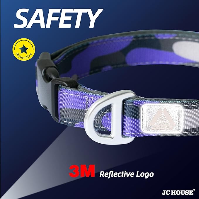 Soft Padded Dog Collar, Neck 9’’-14’’, Adjustable Heavy Duty Collar with 3M Reflective Logo for Small Dogs, Camo Purple, S