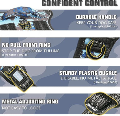 Auroth Tactical Dog Training Harness No Pulling Front Clip Leash Adhesion Reflective K9 Pet Working Vest Easy Control for Small Medium Large Dogs Blue Camo XL