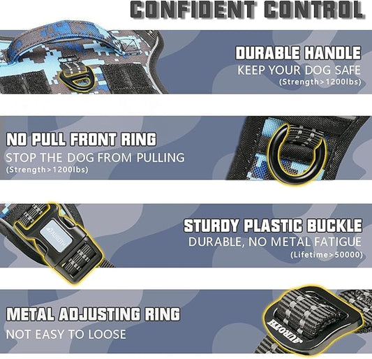 Auroth Tactical Dog Training Harness No Pulling Front Clip Leash Adhesion Reflective K9 Pet Working Vest Easy Control for Small Medium Large Dogs Blue Camo XL
