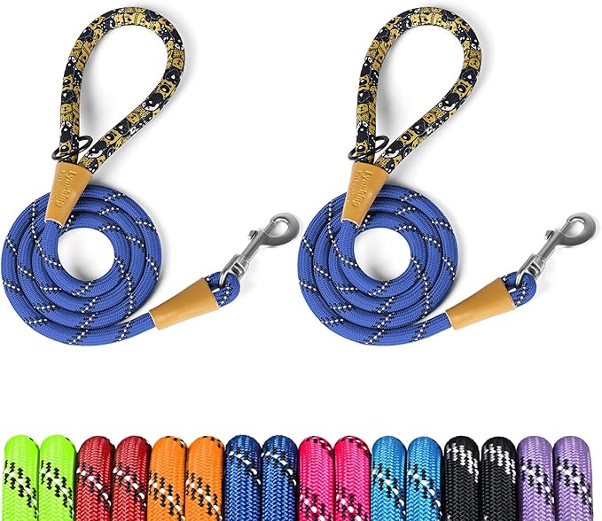 lynxking Rope Dog Leash 6 FT with Comfortable Padded Handle, Highly Reflective Threads Leash for Small Medium Large Dogs (Blue, 2PCS Large 1/2in x 6ft-Rope Clasp)