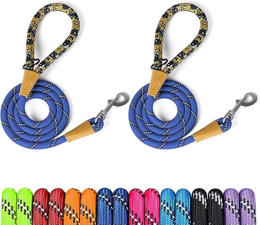 lynxking Rope Dog Leash 6 FT with Comfortable Padded Handle, Highly Reflective Threads Leash for Small Medium Large Dogs (Blue, 2PCS Large 1/2in x 6ft-Rope Clasp)