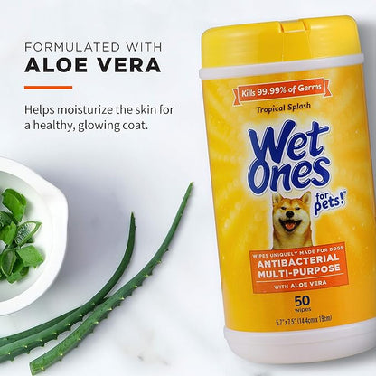 Wet Ones for Pets Multipurpose Dog Wipes with Aloe Vera, Tropical Splash Scent - Pet Bathing Wipes in Canister for Dog Paws & All Over Use, 50 Count - 12 Pack
